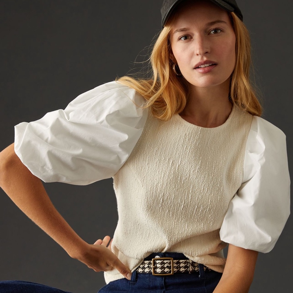 Anthropologie Cream and White Short Sleeve Top